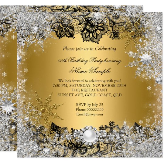 Elegant Gold Black Lace Silver Snowflake Birthday Invitation | Zazzle.com