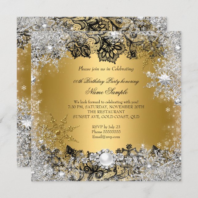 Elegant Gold Black Lace Silver Snowflake Birthday Invitation (Front/Back)