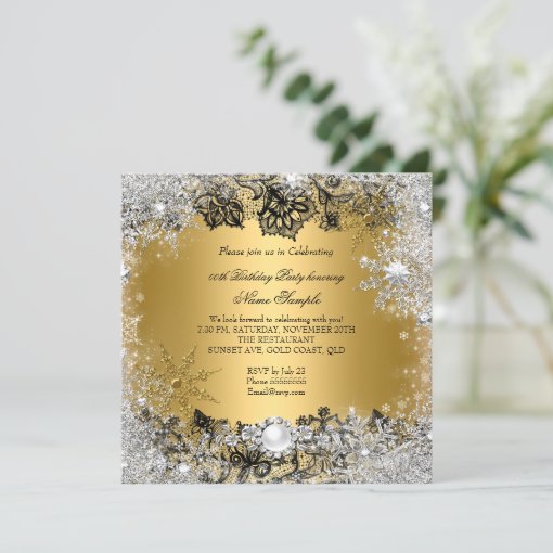 Elegant Gold Black Lace Silver Snowflake Birthday Invitation | Zazzle