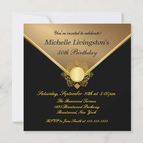 Elegant Gold Black Ladies 50th Birthday Invitation
