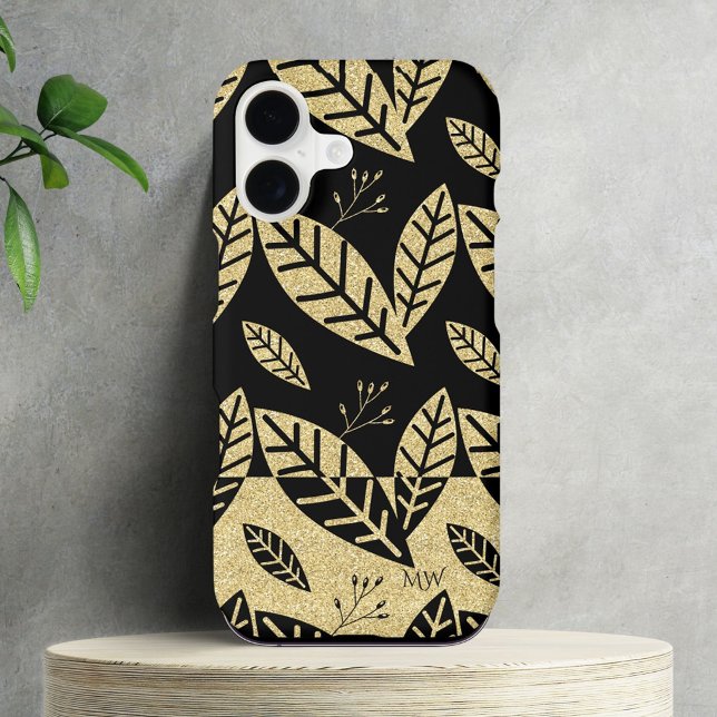 Elegant Gold & Black Leaf Pattern Custom Monogram Case-Mate iPhone Case (Creator Uploaded)