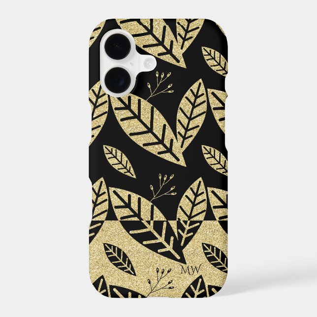 Elegant Gold & Black Leaf Pattern Custom Monogram Iphone Case (Back)