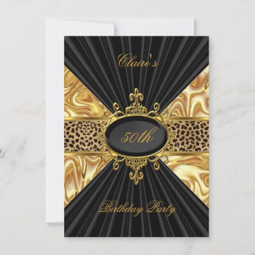 Elegant Gold Black Leopard 50th Birthday Party 3 Invitation