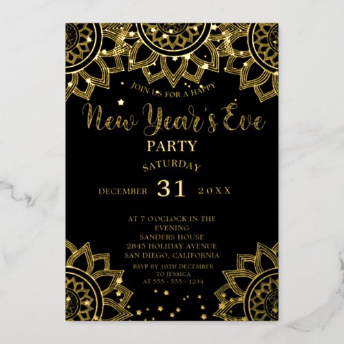 Elegant Gold Black Mandala New Years Eve Party    Foil Invitation