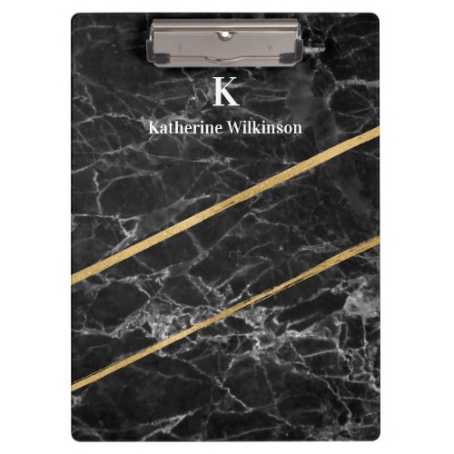 Elegant Gold Black Marble Gold Monogram  Clipboard