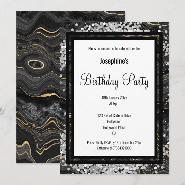 ELEGANT GOLD BLACK MARBLE  HOLOGRAPHIC BIRTHDAY INVITATION (Front/Back)