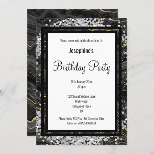 ELEGANT GOLD BLACK MARBLE  HOLOGRAPHIC BIRTHDAY INVITATION