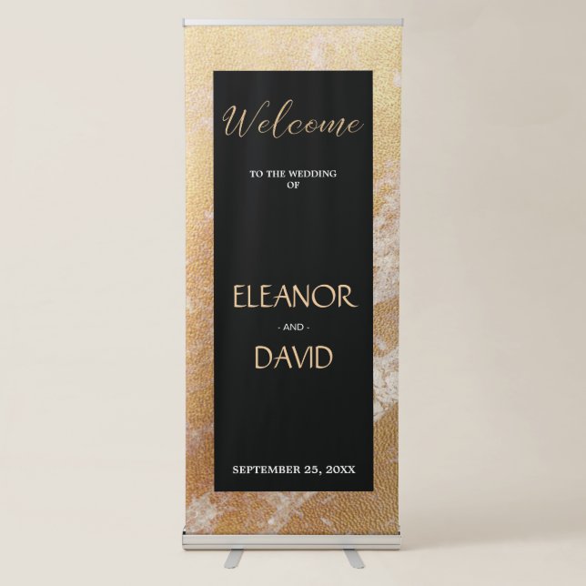 Elegant gold black marble welcome wedding script retractable banner (Front)