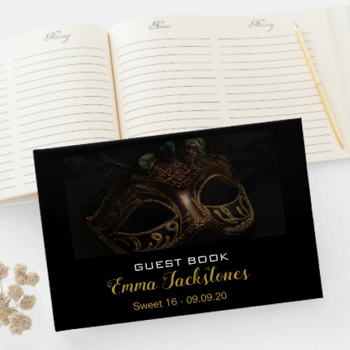 Elegant Gold  Black Mask Masquerade Sweet 16   Guest Book