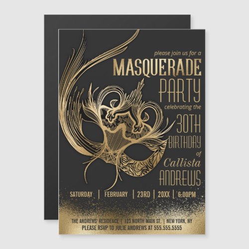 Elegant Gold Black Masquerade Mask Birthday Party Magnetic Invitation