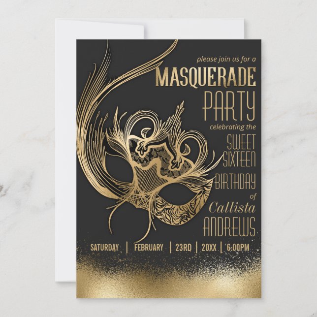 Elegant Gold Black Masquerade Mask Sweet Sixteen Invitation (Front)