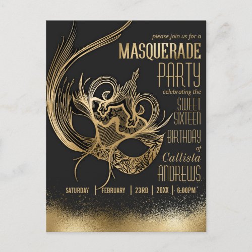 Elegant Gold Black Masquerade Mask Sweet Sixteen Invitation Postcard