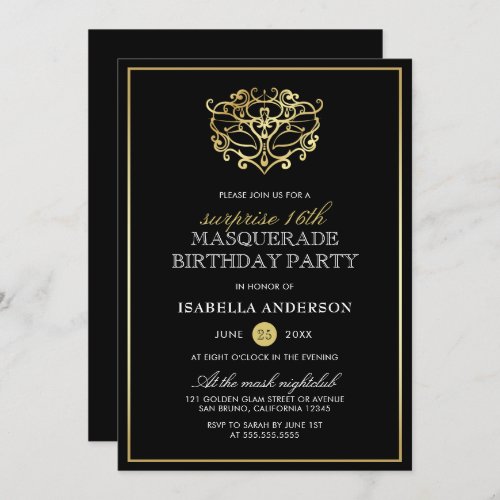 Elegant Gold  Black Masquerade Surprise Party Invitation