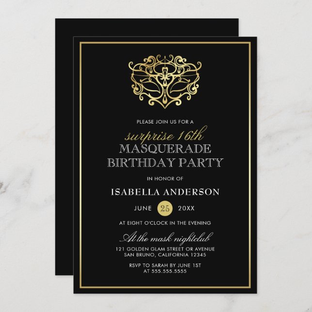 Elegant Gold & Black Masquerade Surprise Party Invitation (Front/Back)
