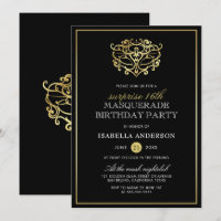 Elegant Gold & Black Masquerade Surprise Party