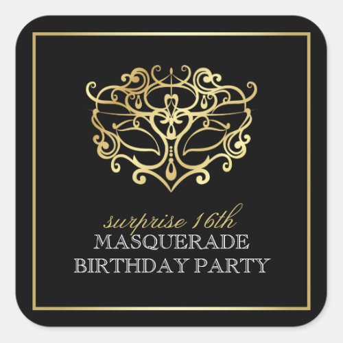 Elegant Gold & Black Masquerade Surprise Party Square Sticker - Create your own "Elegant Gold & Black Masquerade Surprise Party" by Eugene Designs.