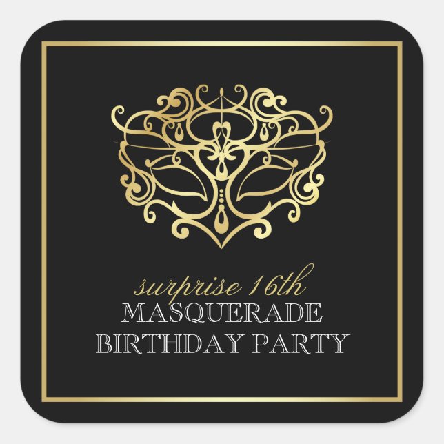Elegant Gold & Black Masquerade Surprise Party Square Sticker (Front)