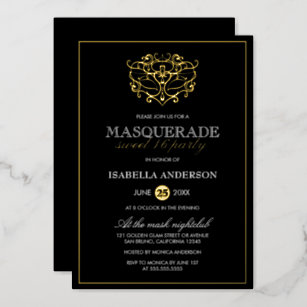 Elegant Gold & Black Masquerade Sweet 16 Party Foil Invitation