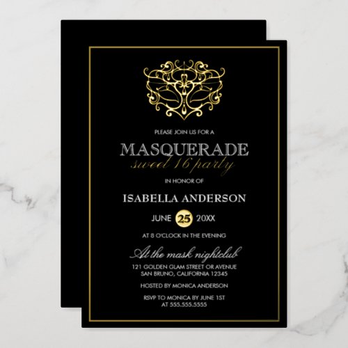 Elegant Gold  Black Masquerade Sweet 16 Party Foil Invitation