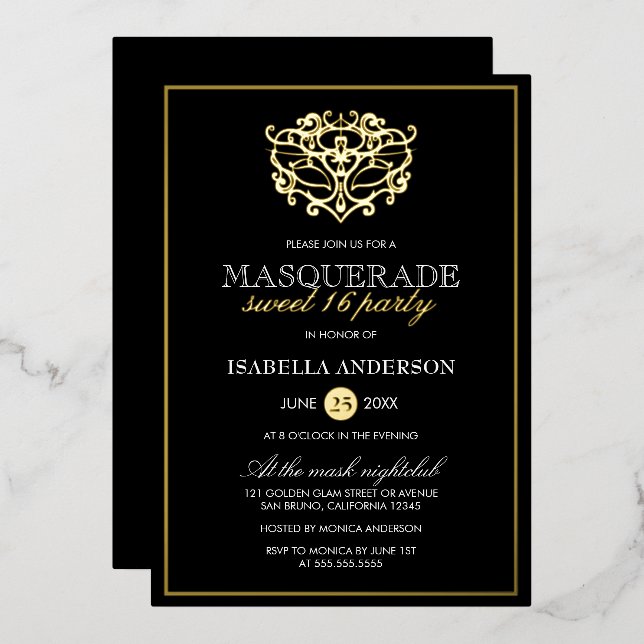 Elegant Gold & Black Masquerade Sweet 16 Party Foil Invitation (Front/Back)