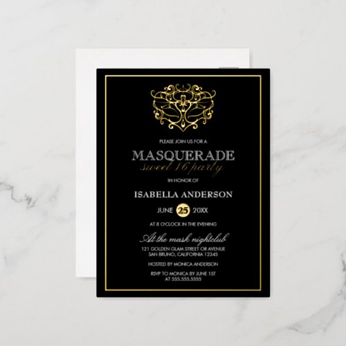 Elegant Gold  Black Masquerade Sweet 16 Party Foil Invitation Postcard
