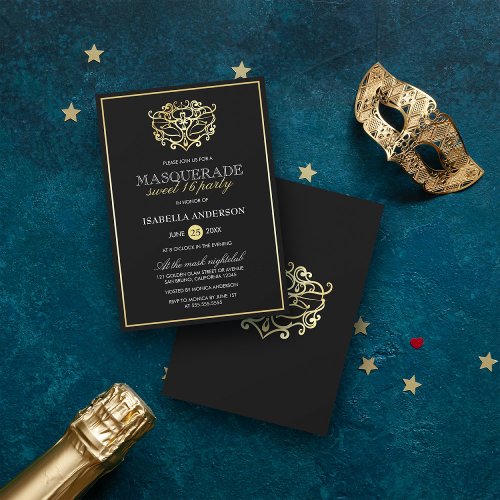Elegant Gold  Black Masquerade Sweet 16 Party Invitation
