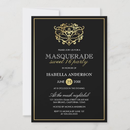 Elegant Gold & Black Masquerade Sweet 16 Party Invitation | Zazzle