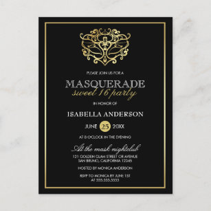 Elegant Gold & Black Masquerade Sweet 16 Party Invitation Postcard