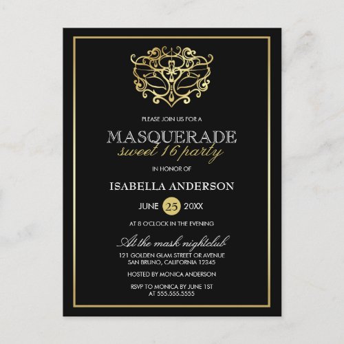 Elegant Gold  Black Masquerade Sweet 16 Party Invitation Postcard