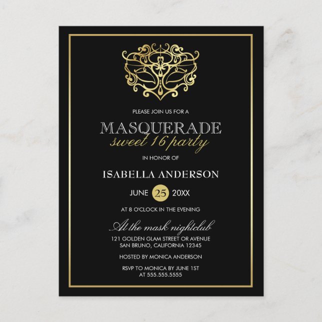 Elegant Gold & Black Masquerade Sweet 16 Party Invitation Postcard (Front)