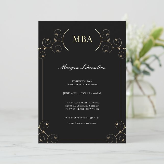 Elegant Gold Black MBA Graduation Party Invitation (Standing Front)