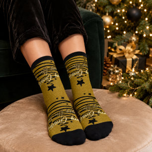 Elegant Gold Black Merry Christmas Happy New Year Socks