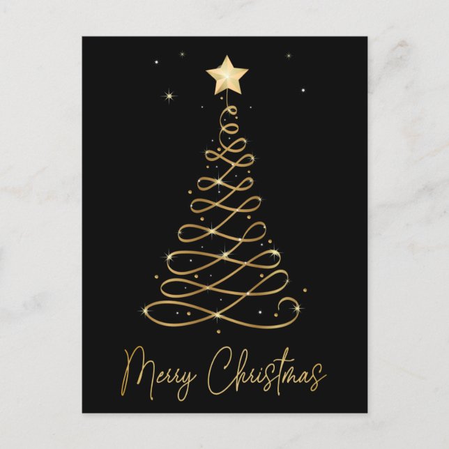 Elegant Gold & Black Merry Christmas Tree  Postcar Postcard (Front)