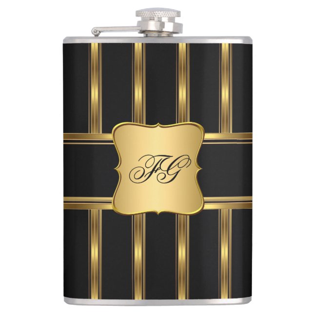 Elegant Gold Black Metal look Monogram Name Hip Flask (Front)