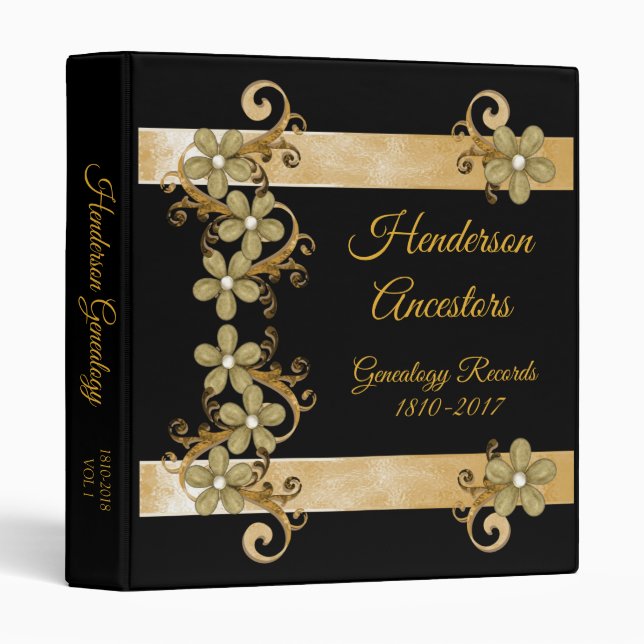 Elegant Gold Black Metallic Genealogy 3 Ring Binder (Front/Spine)