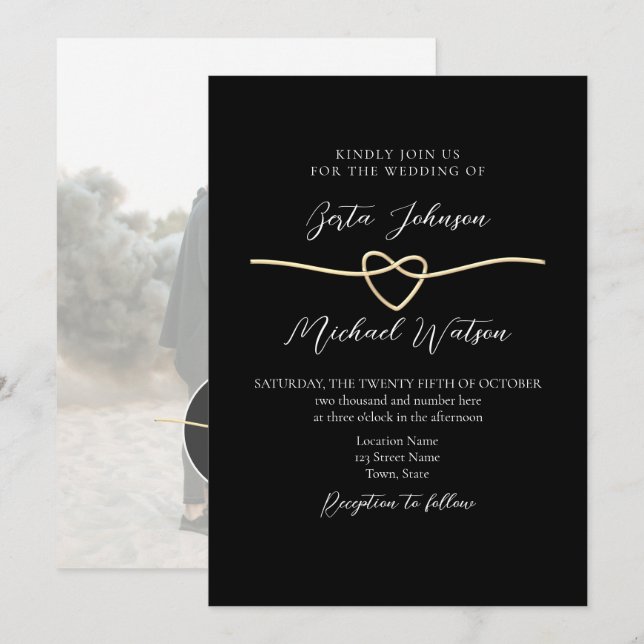 Elegant Gold Black Minimalist Wedding Invite (Front/Back)