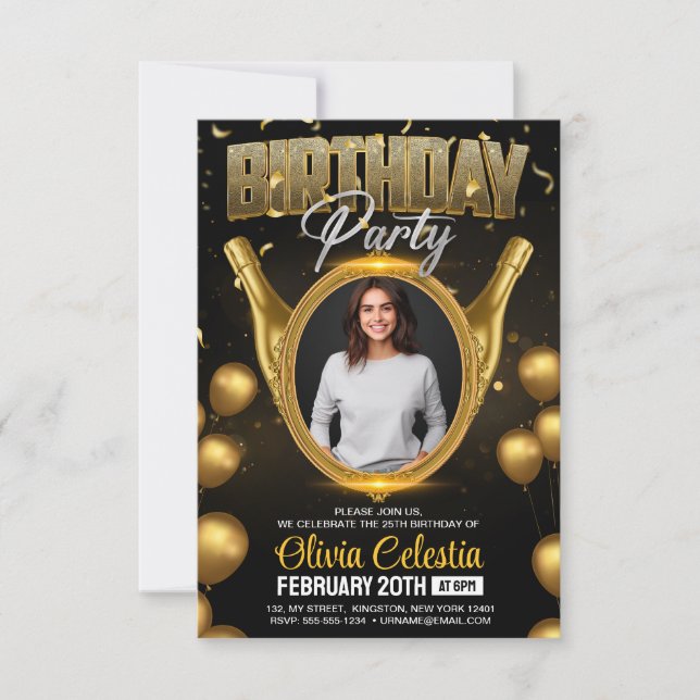Elegant Gold & Black Modern Birthday Party Photo Invitation (Front)