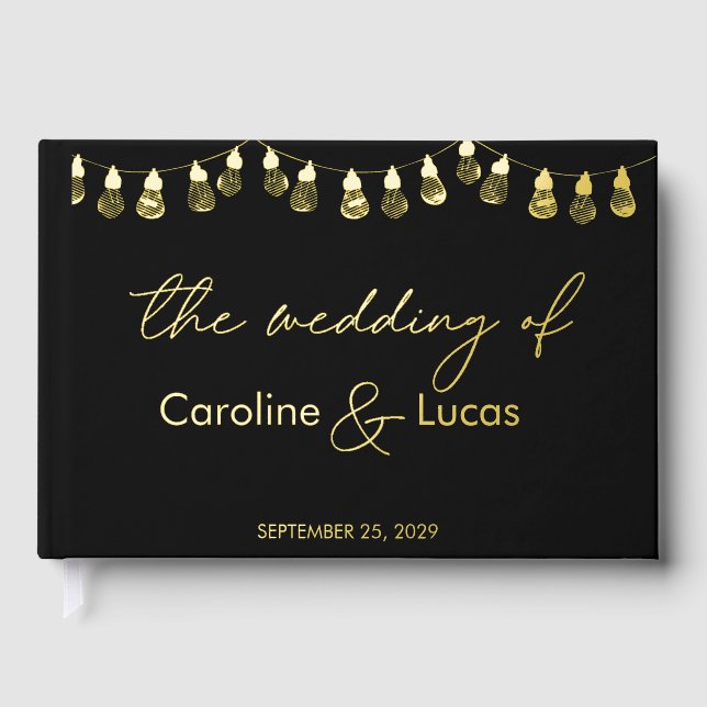 Elegant Gold Black Modern Photo Monogram Wedding Foil Guest Book (Front)