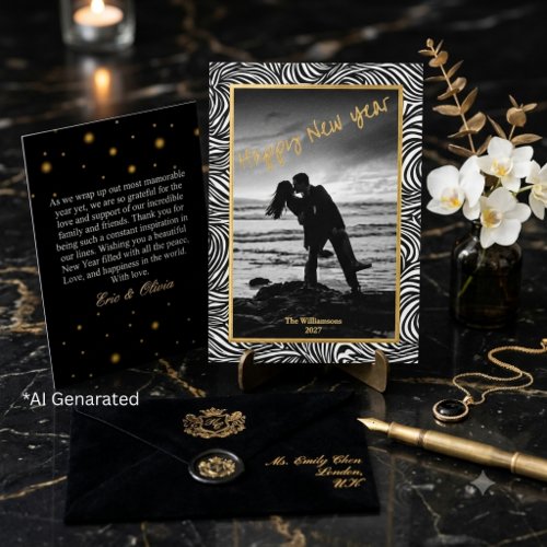 Elegant Gold Black Modern Wave Photo New Year Foil Holiday Card