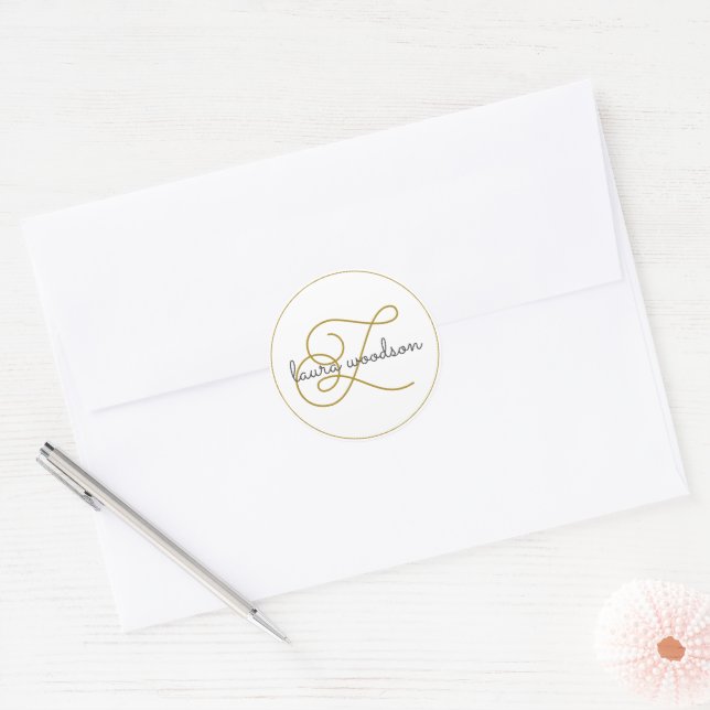 Elegant Gold Black Monogram Classic Round Sticker (Envelope)