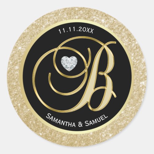 Elegant Gold Black Monogram Diamond Heart Wedding Classic Round Sticker