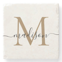Elegant Gold Black Monogram Feminine Script Name Stone Coaster Elegant Gold Black Monogram Feminine Script Name Stone Coaster