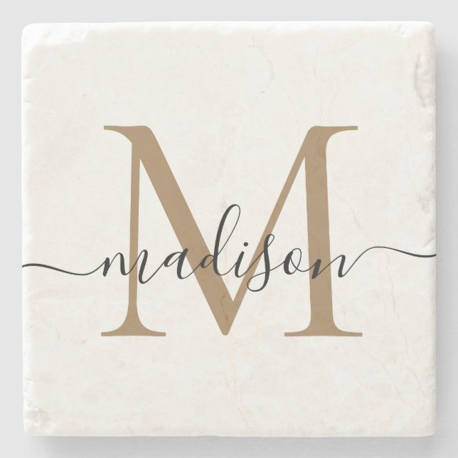 Elegant Gold Black Monogram Feminine Script Name Stone Coaster (Front)