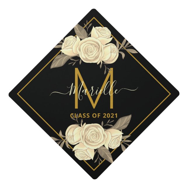 Elegant Gold Black Monogram Floral Graduation Cap Topper (Front)