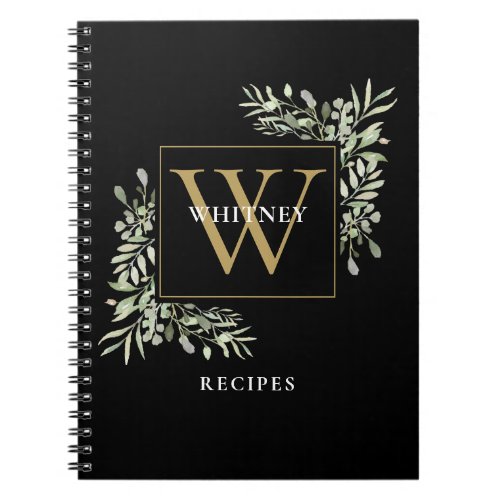 Elegant Gold Black Monogram Greenery Recipe Notebo Notebook