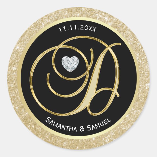 Elegant Gold Black Monogram Letter 'D' Wedding Classic Round Sticker (Front)