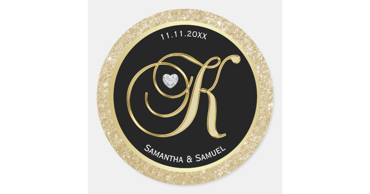 Elegant Gold Black Monogram Letter 'K' Wedding Classic Round Sticker