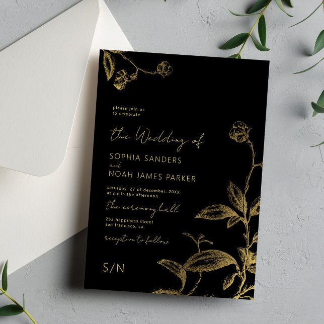 Elegant gold black monogram modern floral wedding invitation (Creator Uploaded)