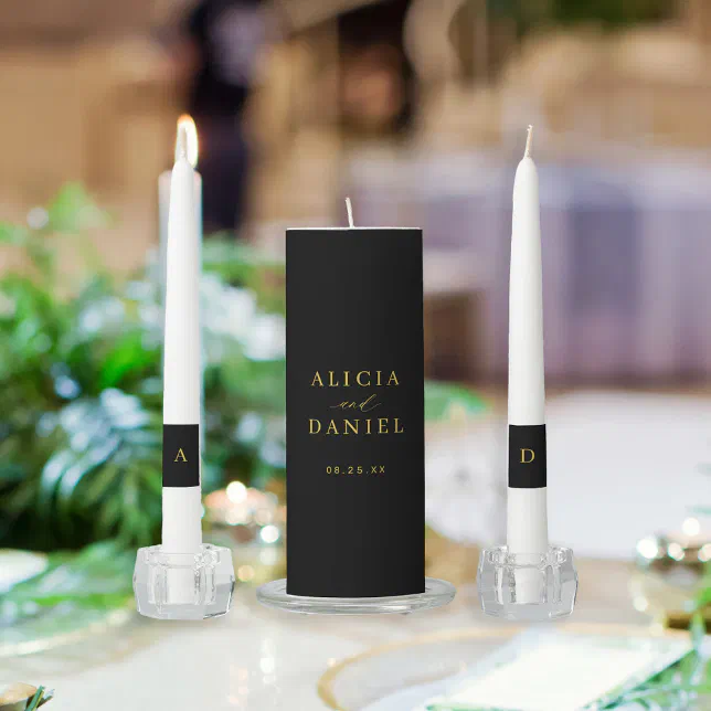 Elegant gold black monogram wedding ceremony unity candle set | Zazzle