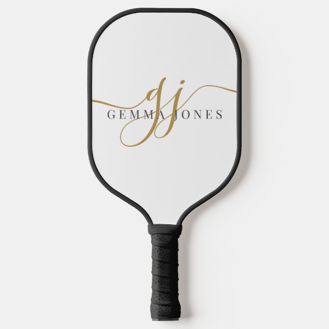 Elegant Gold Black Monogram White Pickleball Paddle (Front)